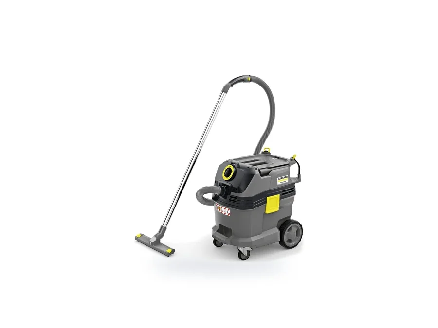 A tank vacuum on wheels with a hose and floor tool, photographed against a white background.